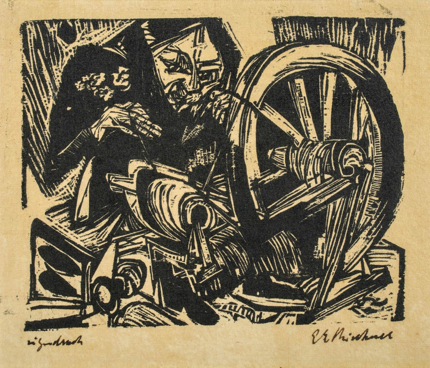 Artwork by Ernst Ludwig Kirchner, Spinnerin – Nini Müller am Spinnrad, Made of woodcut