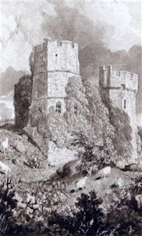 A monochromatic sketch of a stone fortress perched on a rocky hillside.