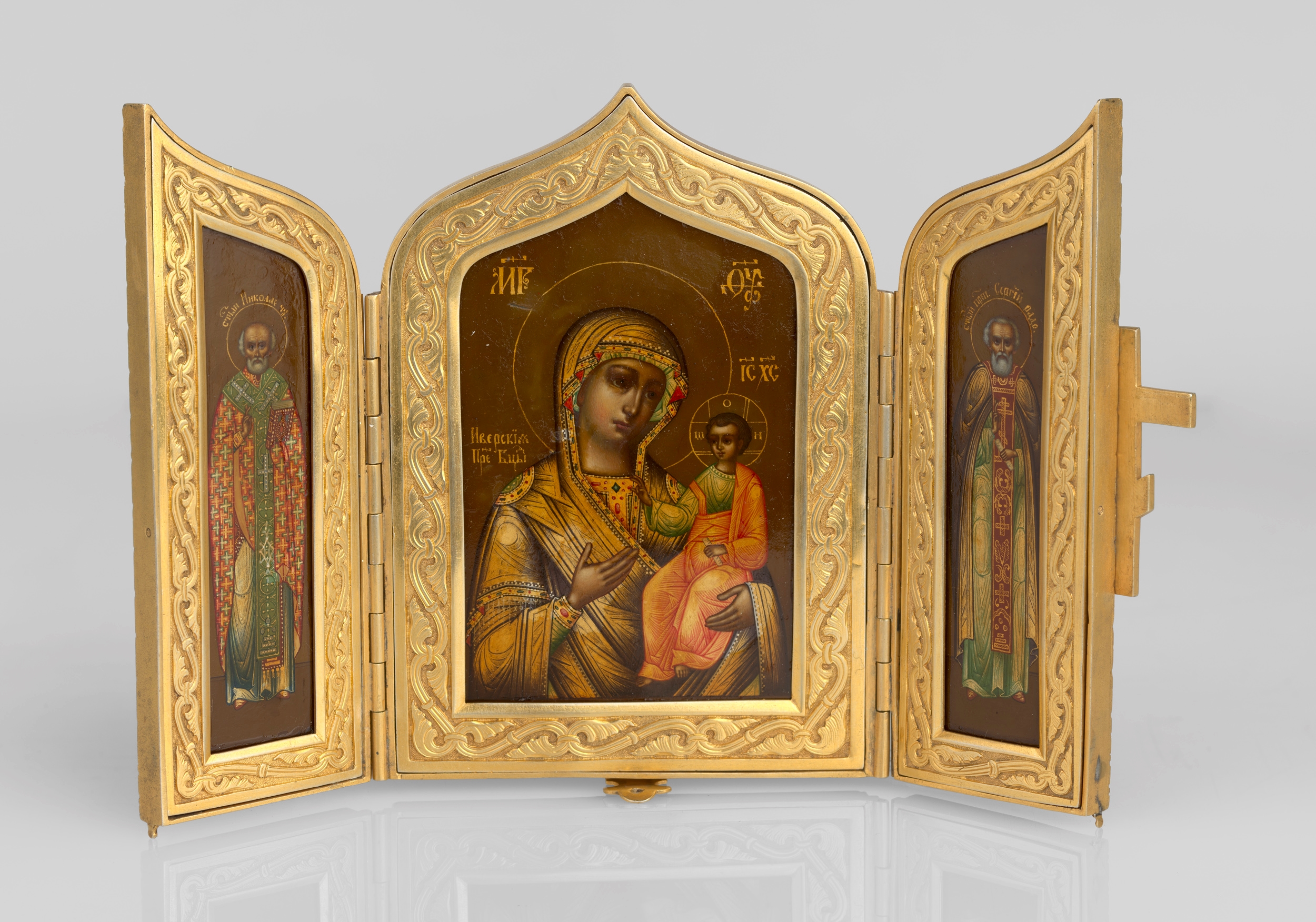 Artwork by N. Bobir, A Silver-Gilt Triptych of the Iverskaya Mother of God, St Nicholas the Miracle-Worker and Sergei of Radonezh with Enamelled Cross, Made of Silver-Gilt
