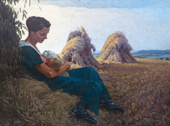 A serene rural scene of a seated figure holding a baby against a backdrop of golden haystacks.
