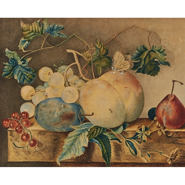 Edward Ladell STILL LIFE OF FRUIT ON A LEDGE WITH GRAPES, A PLUM, A