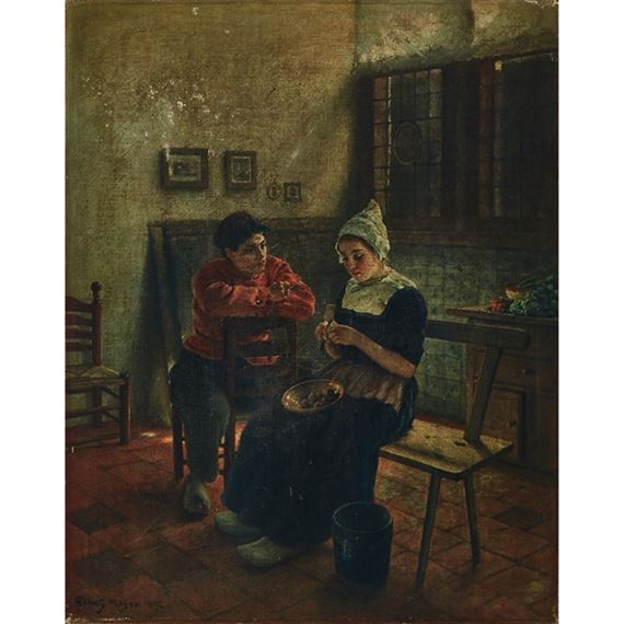 YOUNG FARMER AND HIS WIFE IN A KITCHEN by Claus Meyer, 1892