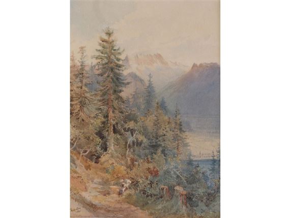 A FIGURE ON A LAKESIDE PATH IN THE MOUNTAINS by Nicolas Chevalier, 1880-1881