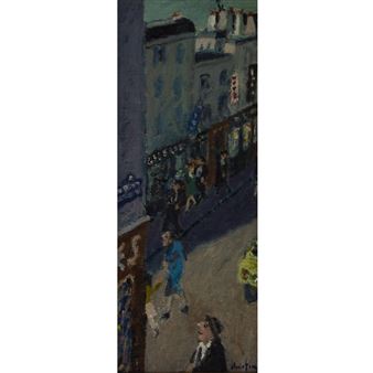 A vertical street scene painting featuring a figure in blue walking down a city street at night.