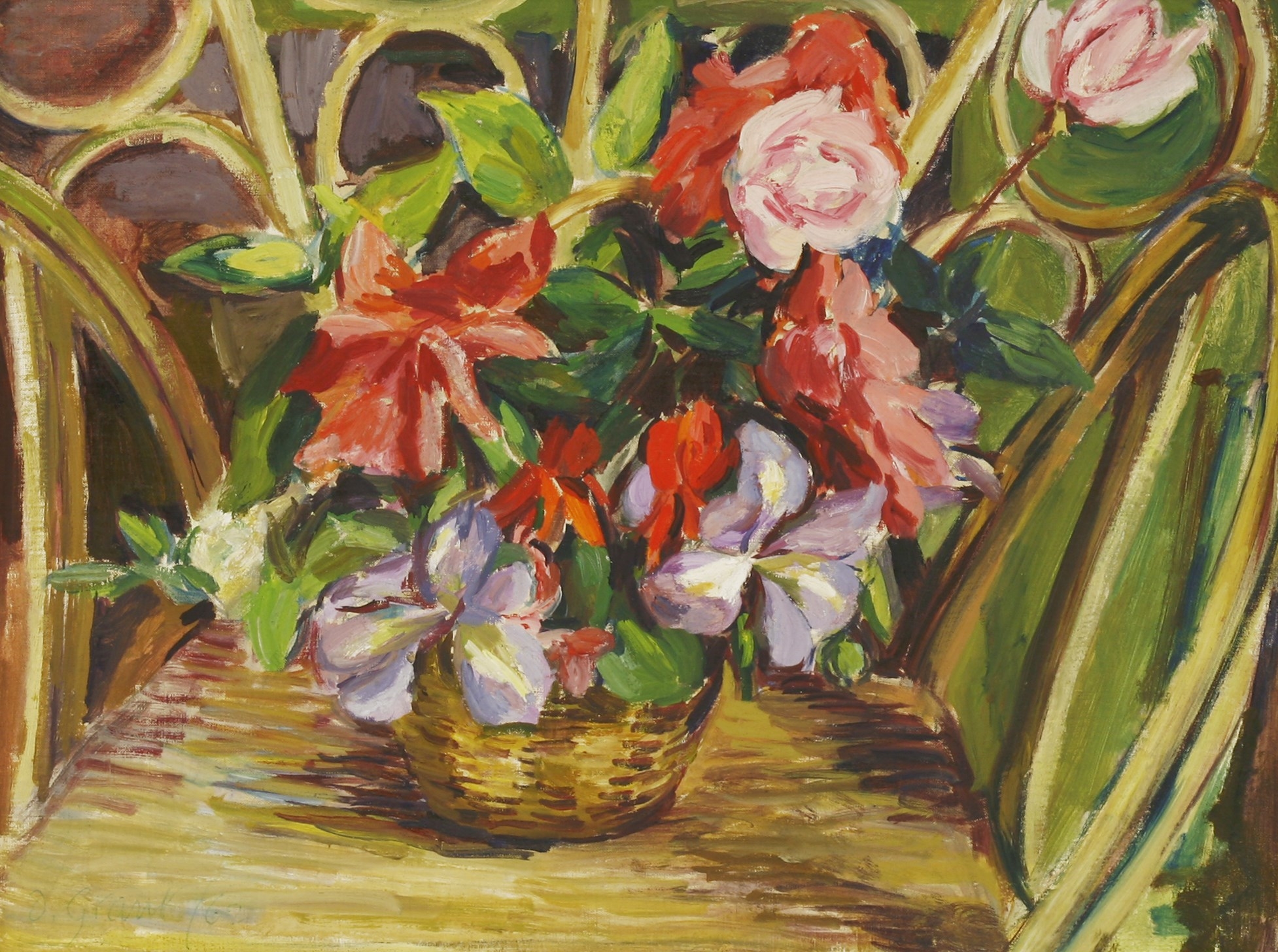 A STILL LIFE OF A BASKET OF FLOWERS ON A CHAIR by Duncan Grant, 1962
