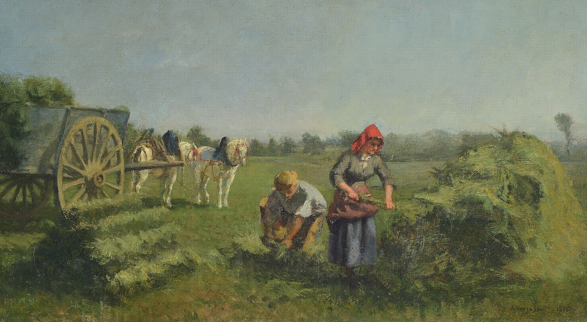 hay harvest with cart, two white horses, and two persons by Jules Jacques Veyrassat, 1855