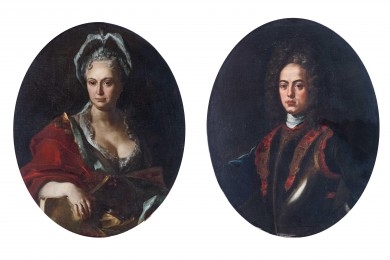 Portrait of lady in green dress and red cape, with a volume b) Portrait of gentleman in blue jacket and breastplate with red frog by Giuseppe Bonito