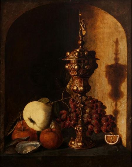 Grapes, a pear, an apple, a lemon, oysters and a silver-gilt cup in a stone niche by Pieter van den Bosch