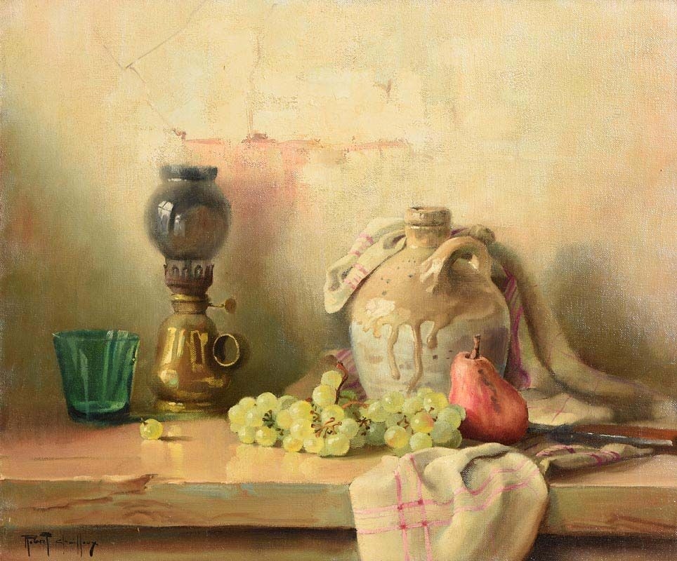 Artwork by Robert Chailloux, Still Life - Fruit, Lamp and Earthern Ware Jar, Made of oil on canvas