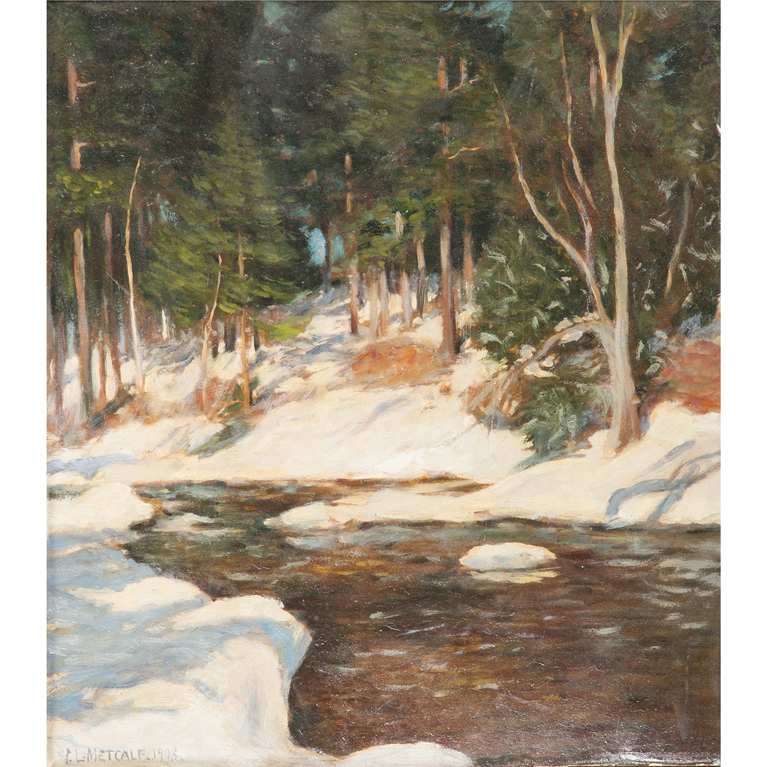Willard Leroy Metcalf | Winter Forest Scene with Stream (1908) | MutualArt