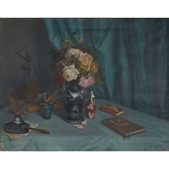 Still Life of Flowers and Books on a Table - Paul Rousseau