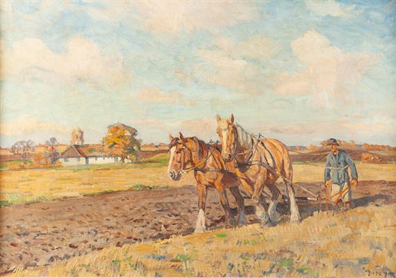 Man plowing a field with horses by Borge C. Nyrop