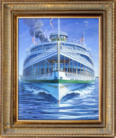 Bow view of the steamboat Robert Fulton with her captain standing at the rail by William G. Muller