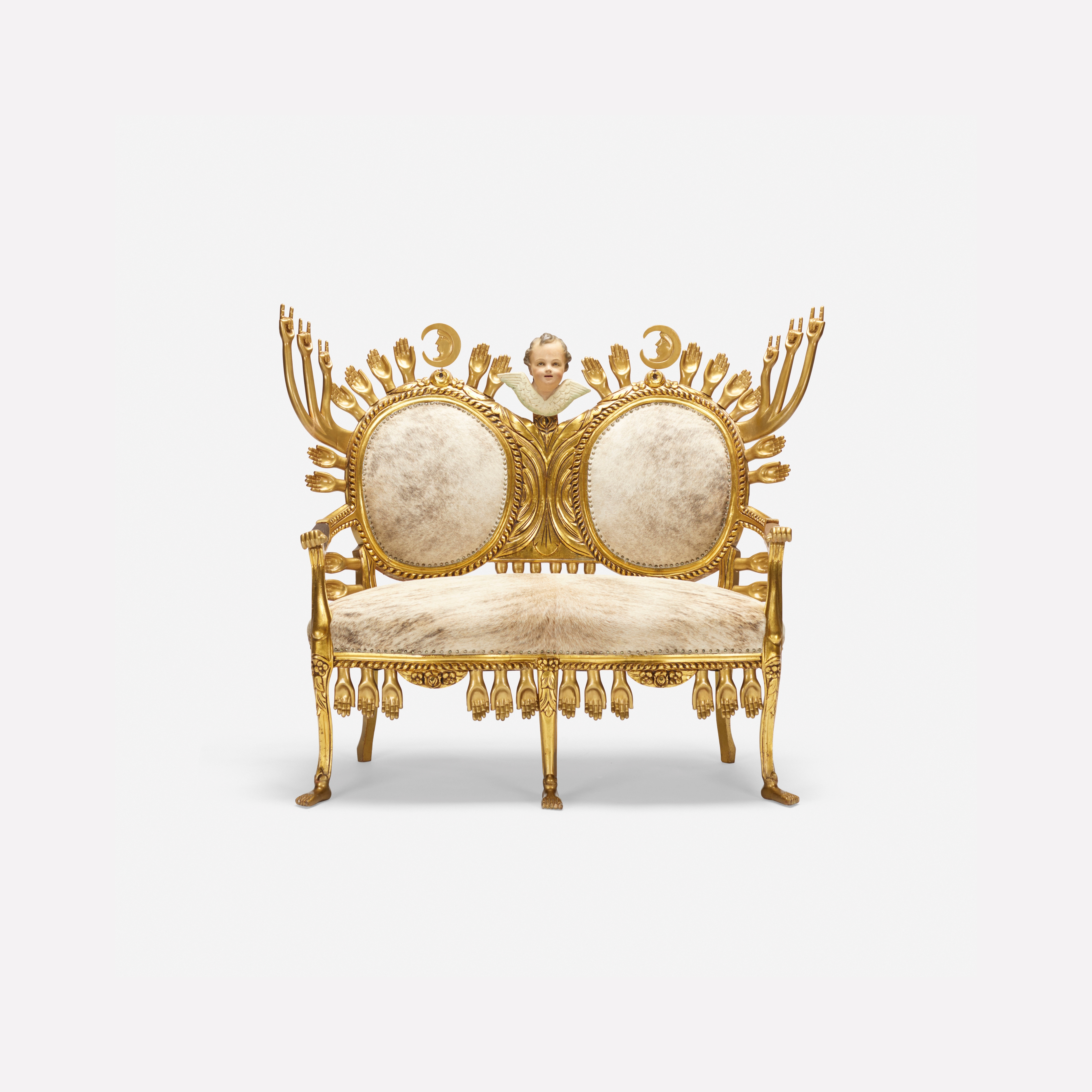 Artwork by Pedro Friedeberg, Settee, Made of gilt and carved mahogany, cowhide, found object