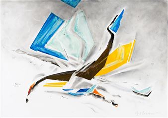 An abstract composition featuring a stylized bird in flight against a textured gray background.
