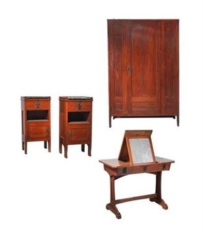 A suite comprising a wardrobe, a table, and two bedside cabinets - Franz von Krauss