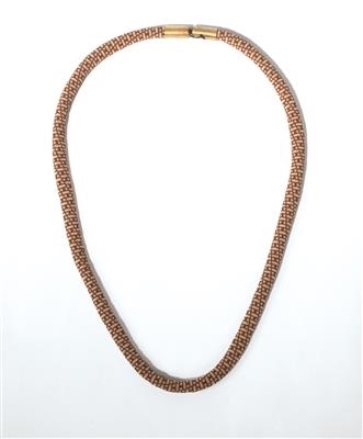 Artwork by Jacqueline Lillie, A necklace, Made of countless tiny dark-red glass beads on knotted silk threads, brass clasp,
