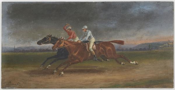 Artwork by Auguste Sebastien Benard, Arrivée de course, Made of Oil on panel