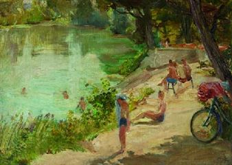 Badende am Deininger Weiher - Alois Streicher