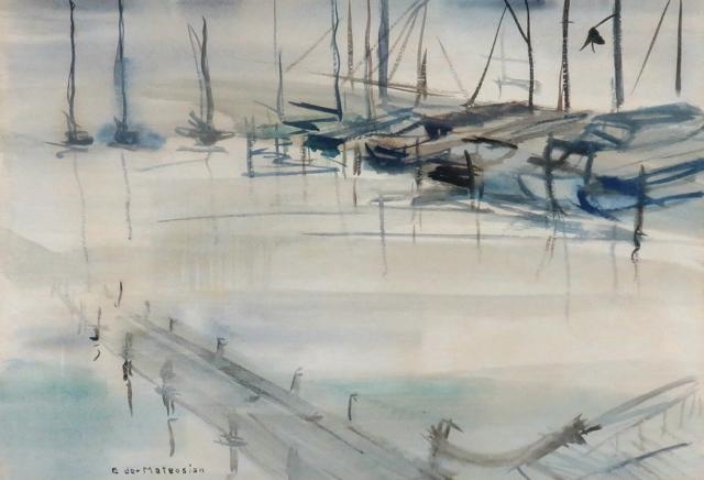 Artwork by Edward Mateosain, Boats at Dock, Made of Watercolor on paper