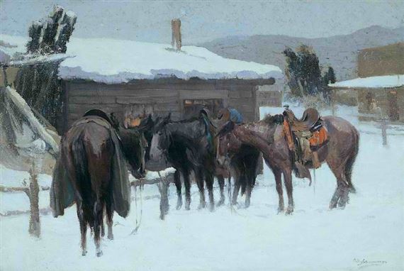 Four Horses at Hitching Post by Oscar E. Berninghaus