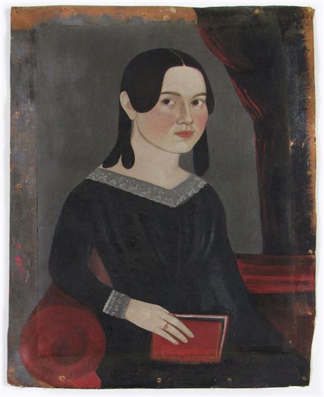 A formal portrait of a seated figure in dark clothing holding a red book, rendered with soft brushwork and muted tones.
