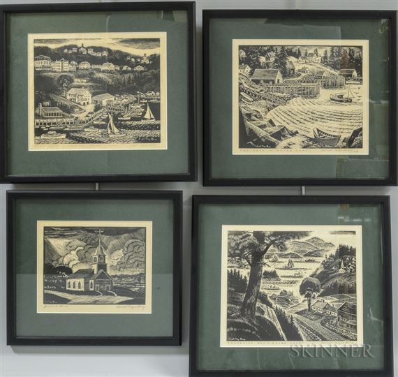 Four Maine Coastal Scenes: The Cove, Maine Coast; Spurwink Church; Waterfront-Rockport; and Penobscot Bay by Caroll Thayer Berry