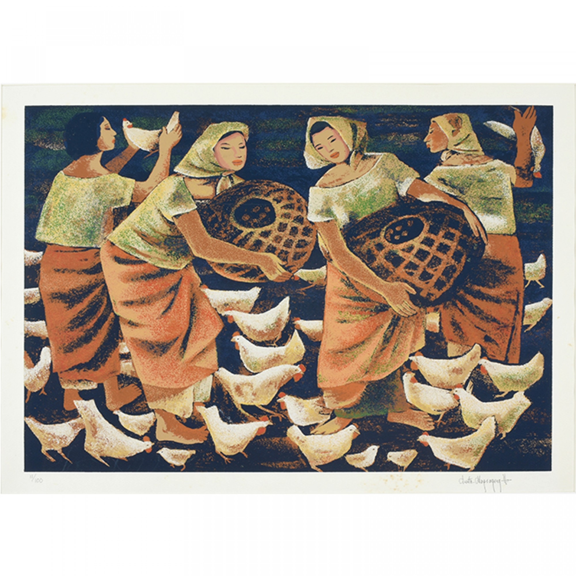 Artwork by Anita Magsaysay-Ho, Catching Chickens, Made of Serigraph