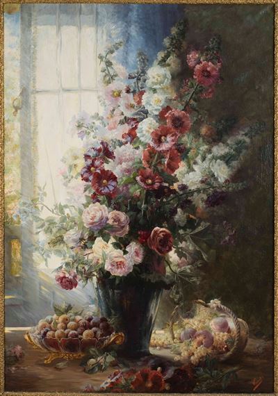 Vase de roses et clématites, corbeille de prunes et mirabelles, panier de pêches et raisins by Vincent
