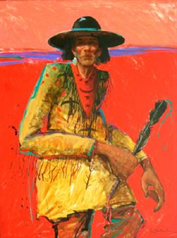 A bold, expressive portrait of a figure in a wide-brimmed hat against a vibrant red background.