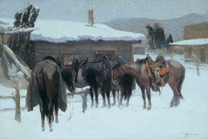 Four Horses at Hitching Post by Oscar E. Berninghaus