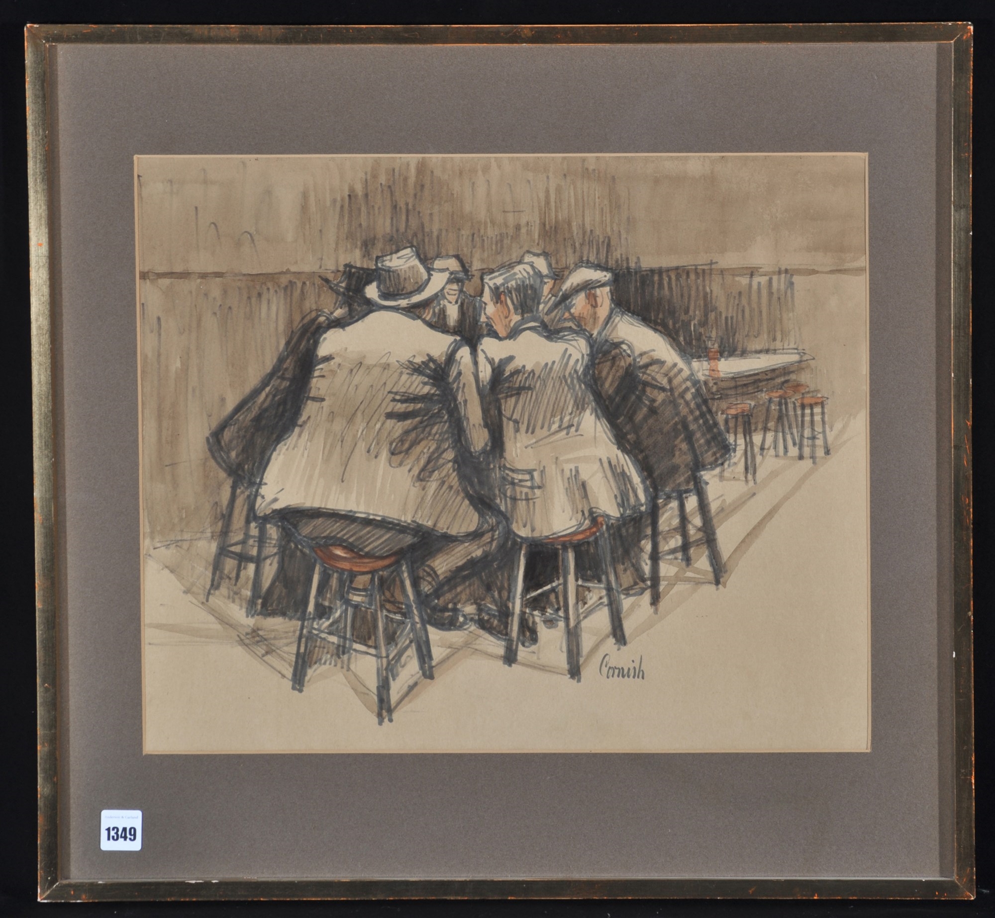Norman Cornish | Conversation Piece men at a bar table (1966) | MutualArt