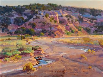 A sun-drenched landscape painting of a winding river cutting through arid hills.