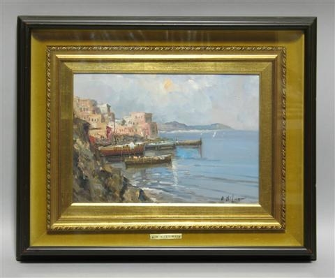 Artwork by M. Miloni/miluni, Mediterranean fishing village, Made of Oil on board