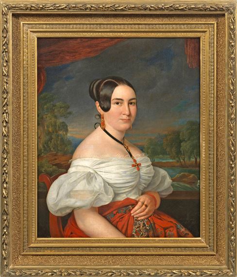 Portrait of a young lady with coral jewelry by Michel Ghislain Stapleaux, 1837