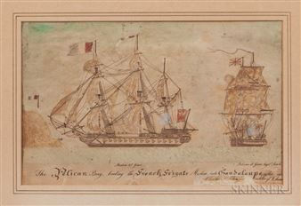 The Pelican Brig beating the French Frigate Medea into Guadaloupe after an action of 2 hours - Charles Hutchinson