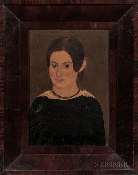 A formal portrait of a woman in dark clothing, framed by a wooden border.