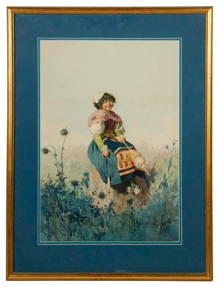 A Neopolitan Spinning Girl in Field by Domenico de Angelis