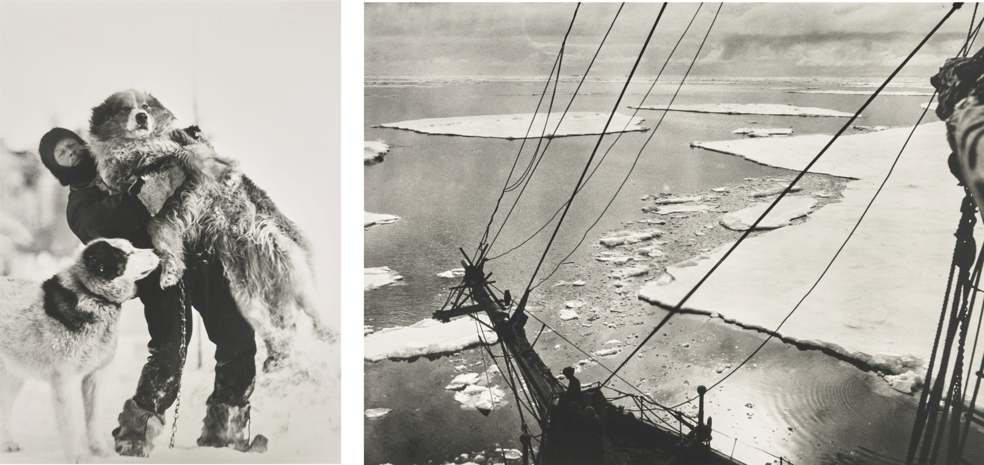 Frank Hurley Dr Leonard Hussey lifting Samson; The Endurance in the pack ice, Weddell Sea
