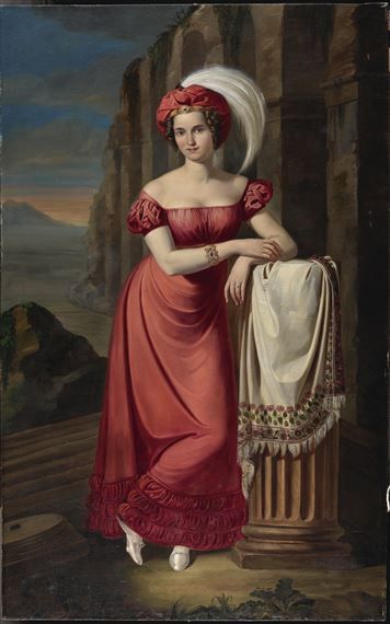 Portrait of a lady in red, full length, leaning on a column with a landscape beyond by Pietro Luchini