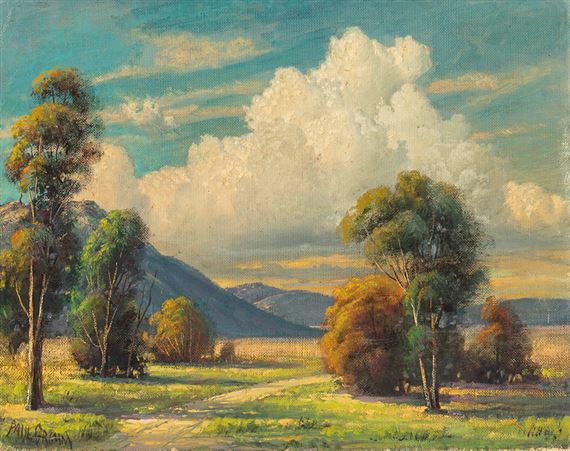 Trees in a landscape with cloudy skies by Paul Grimm