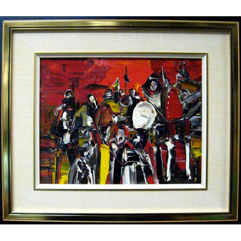 Artwork by John H. Kinnear, Two works: QUEEN TAMARO’S GIFT; TO YELL AT - PERGAMOS, Made of oils on masonite