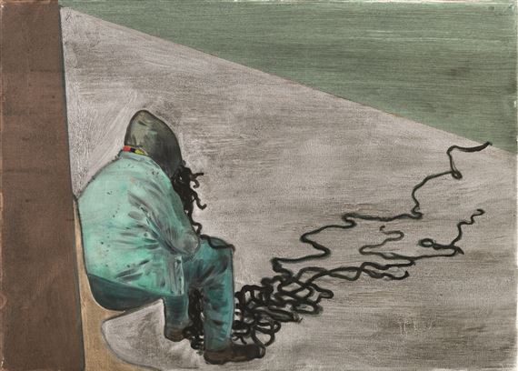 A solitary figure sits bound by tangled cords in a muted, abstract landscape.