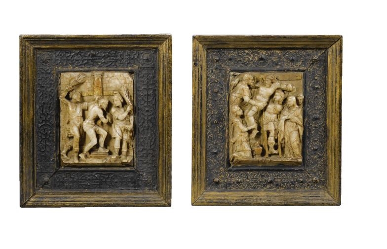 Artwork by Isaac Tissenaken, TWO RELIEFS WITH THE FLAGELLATION AND DEPOSITION, Made of partially gilt alabaster, in original gilt wood frames