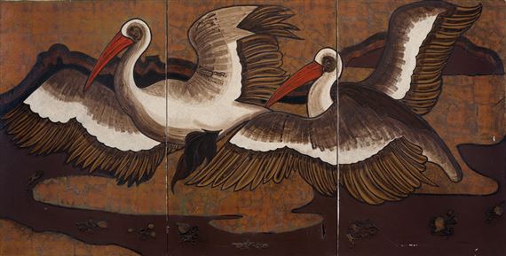 A triptych painting of two white birds with outstretched wings against a textured brown background.