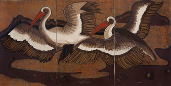 A triptych painting of two white birds with outstretched wings against a textured brown background.