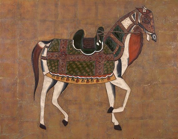A stylized horse in profile, adorned with a decorative saddle and blanket against a textured brown background.
