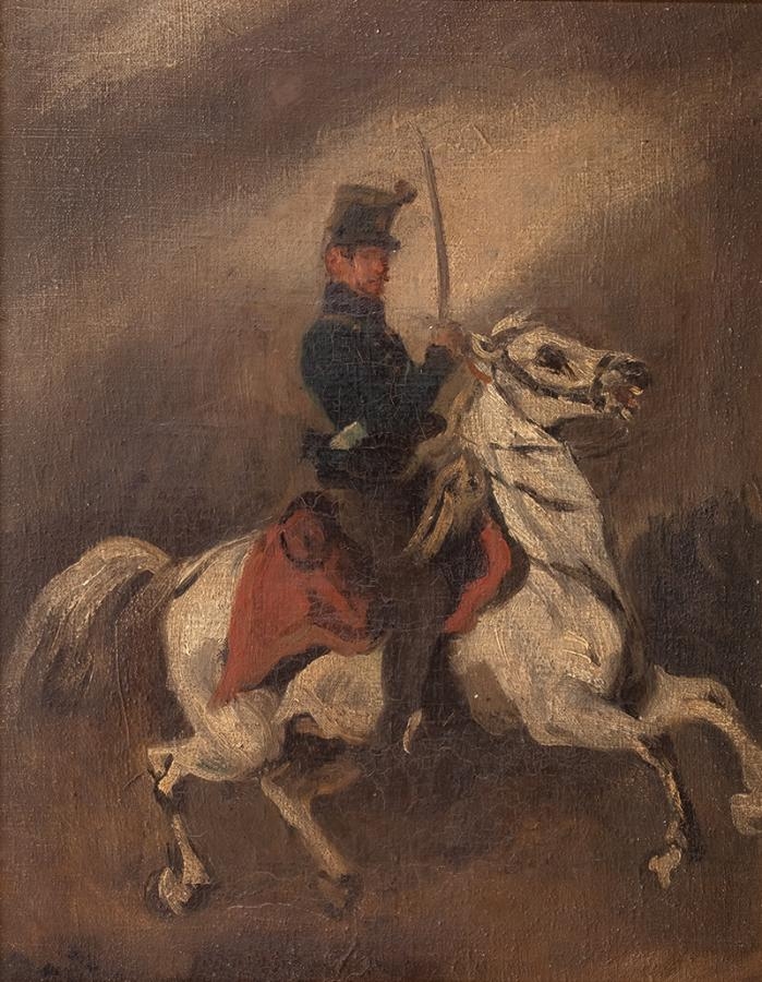 Blekitny Huzar [Huzar austriacki na siwym koniu] by Piotr Michałowski, circa 1836-1850