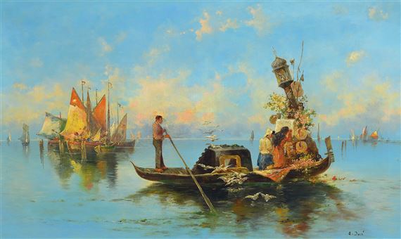 Venetian Funeral Gondola with Flower Ornaments by Armand Doré