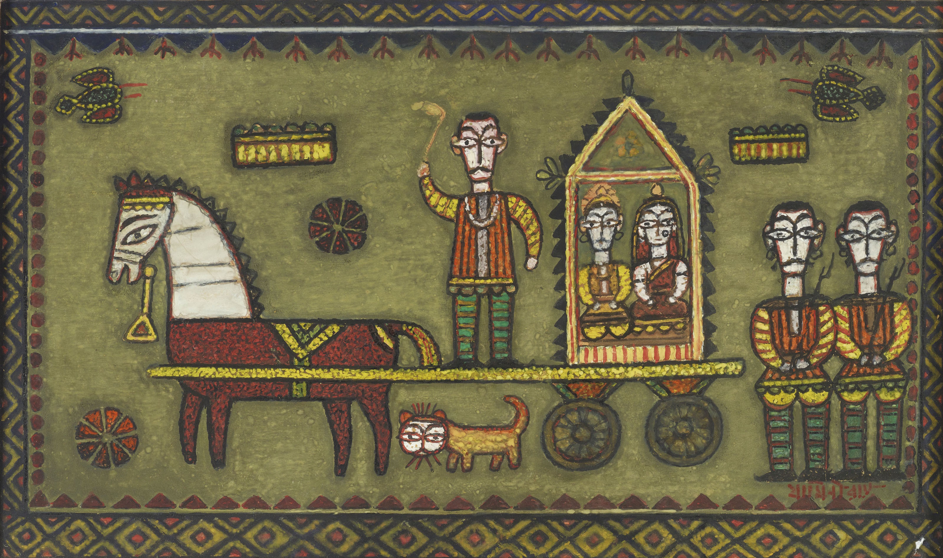 Artwork by Jamini Roy, Untitled (Chariot), Made of tempera on card